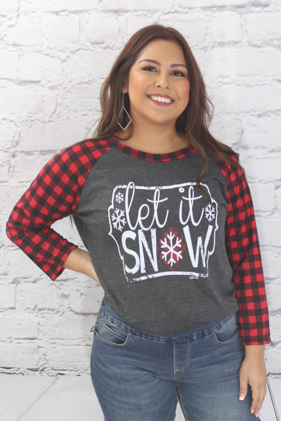 Let it Snow plaid sleeve T-Shirt  Ivy and Pearl Boutique S  