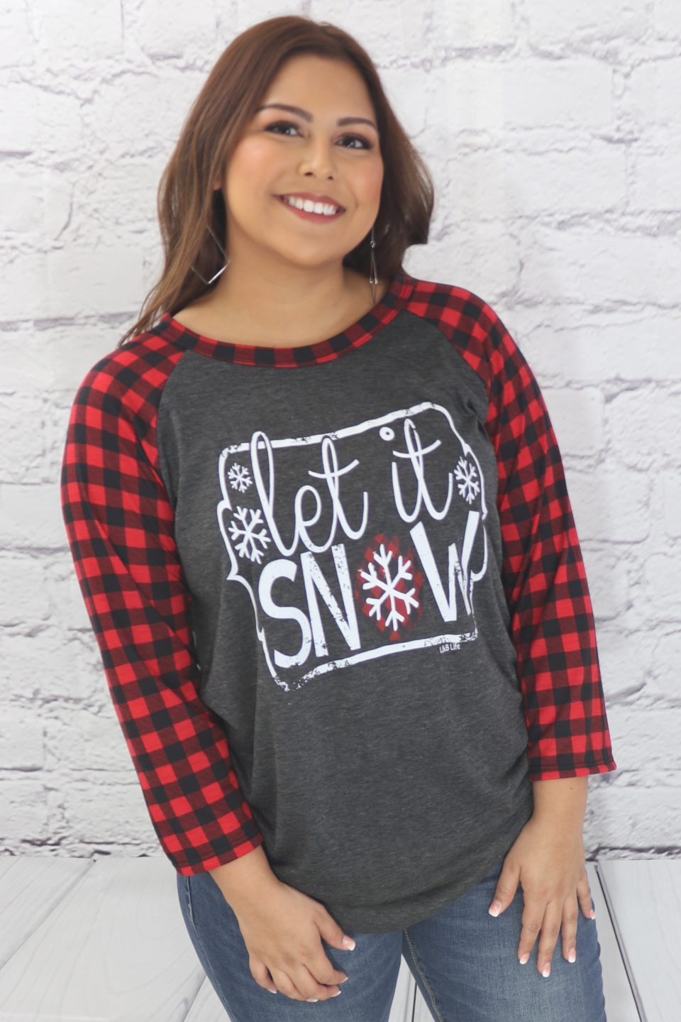 Let it Snow plaid sleeve T-Shirt  Ivy and Pearl Boutique   