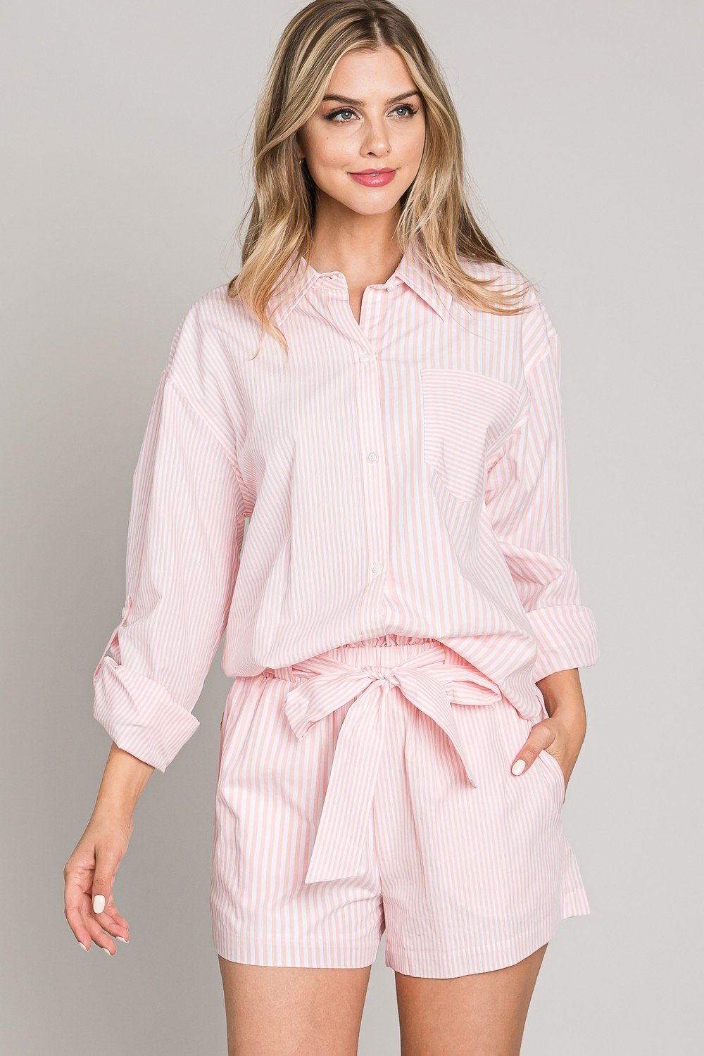 Light Poplin Twin-Stripe Shirt  Ivy and Pearl Boutique Pink S 