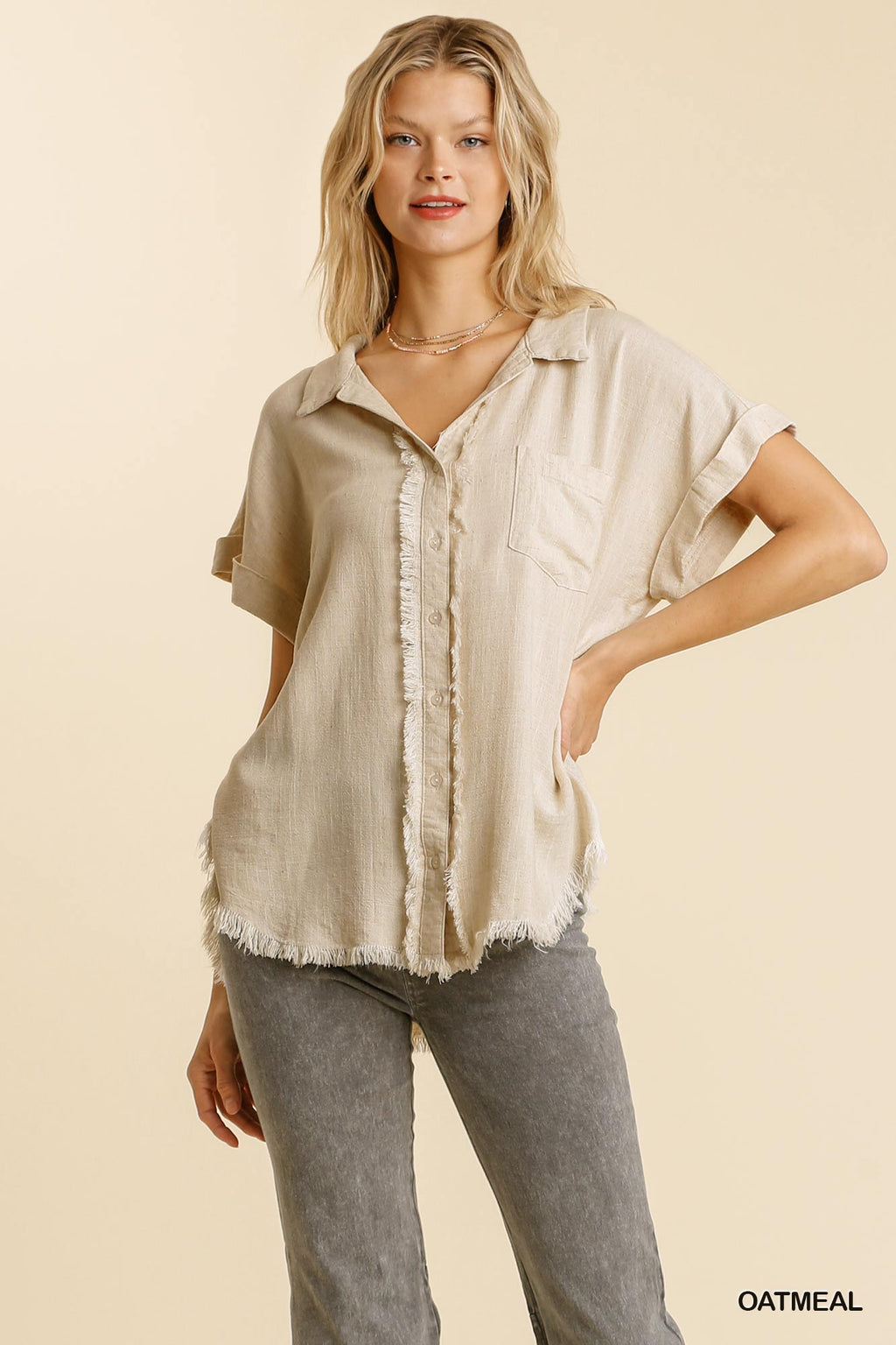 Linen blend button down collar folded sleeve top with chest pocket and frayed edged hi-low hem  Ivy and Pearl Boutique Oatmeal S 