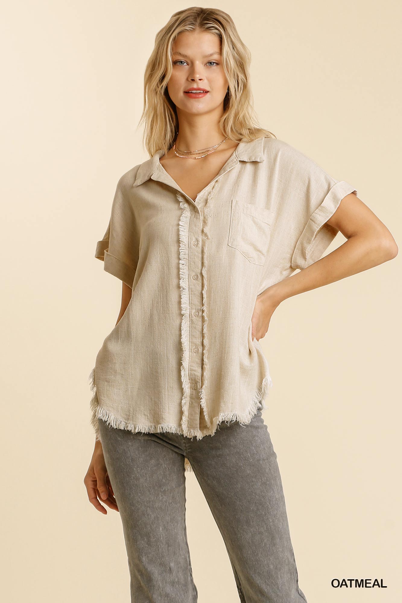 Linen blend button down collar folded sleeve top with chest pocket and frayed edged hi-low hem  Ivy and Pearl Boutique Oatmeal S 