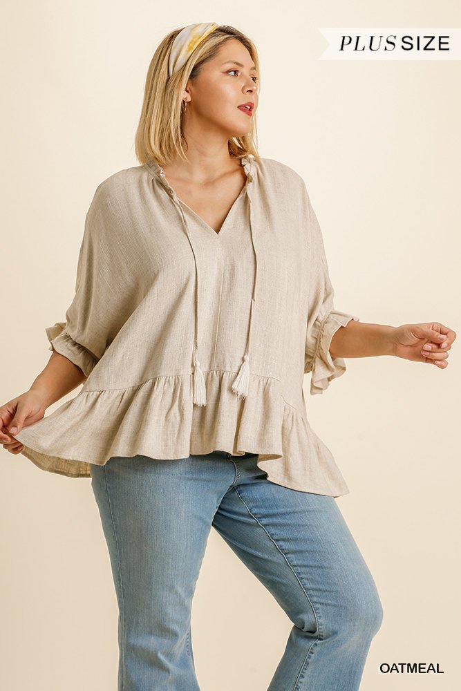 Linen Blend Half Sleeve Top with Front Tassel Tie and Ruffle Hem  Ivy and Pearl Boutique Oat XL 