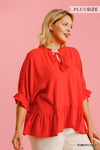 Linen Blend Half Sleeve Top with Front Tassel Tie and Ruffle Hem  Ivy and Pearl Boutique Tomato Red XL 