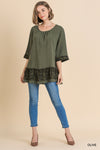 Linen blend animal print sleeve round neck top with animal print frayed ruffle hem  Ivy and Pearl Boutique Olive S 