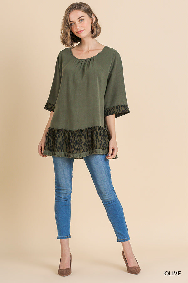 Linen blend animal print sleeve round neck top with animal print frayed ruffle hem  Ivy and Pearl Boutique Olive S 
