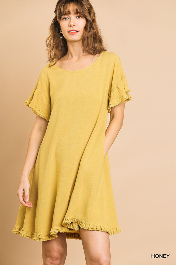 Umgee Linen Blend Short Ruffle Sleeve Round Neck Dress with Ruffle Hem  Ivy and Pearl Boutique Honey S 