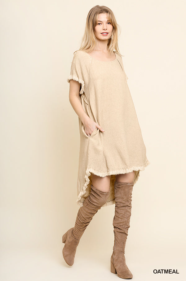 Umgee linen round-neck pocket dress with fringe short sleeves and high-low hem  Ivy and Pearl Boutique Oat XL 