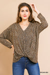 Umgee long sleeve animal-print V-Neck top with front gathering  Ivy and Pearl Boutique Brown S 