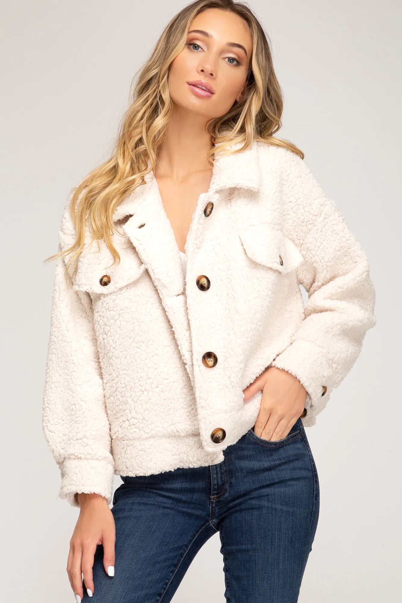 Long sleeve button down teddy bear jacket with front pockets  Ivy and Pearl Boutique Cream M/L 