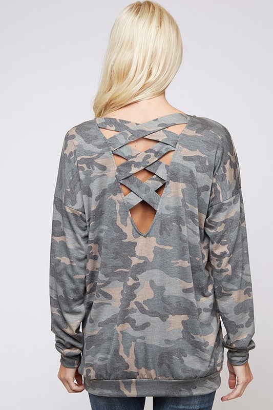 Long sleeve camouflage lattice cross strap back top  Ivy and Pearl Boutique   