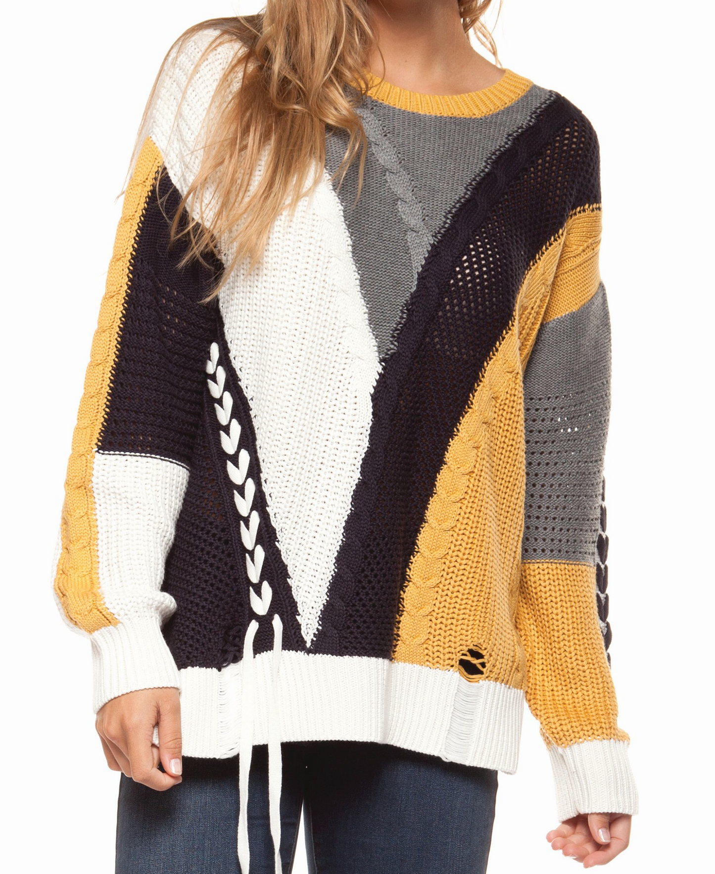 Long sleeve color block cable knit sweater with lace-up trim  Ivy and Pearl Boutique   