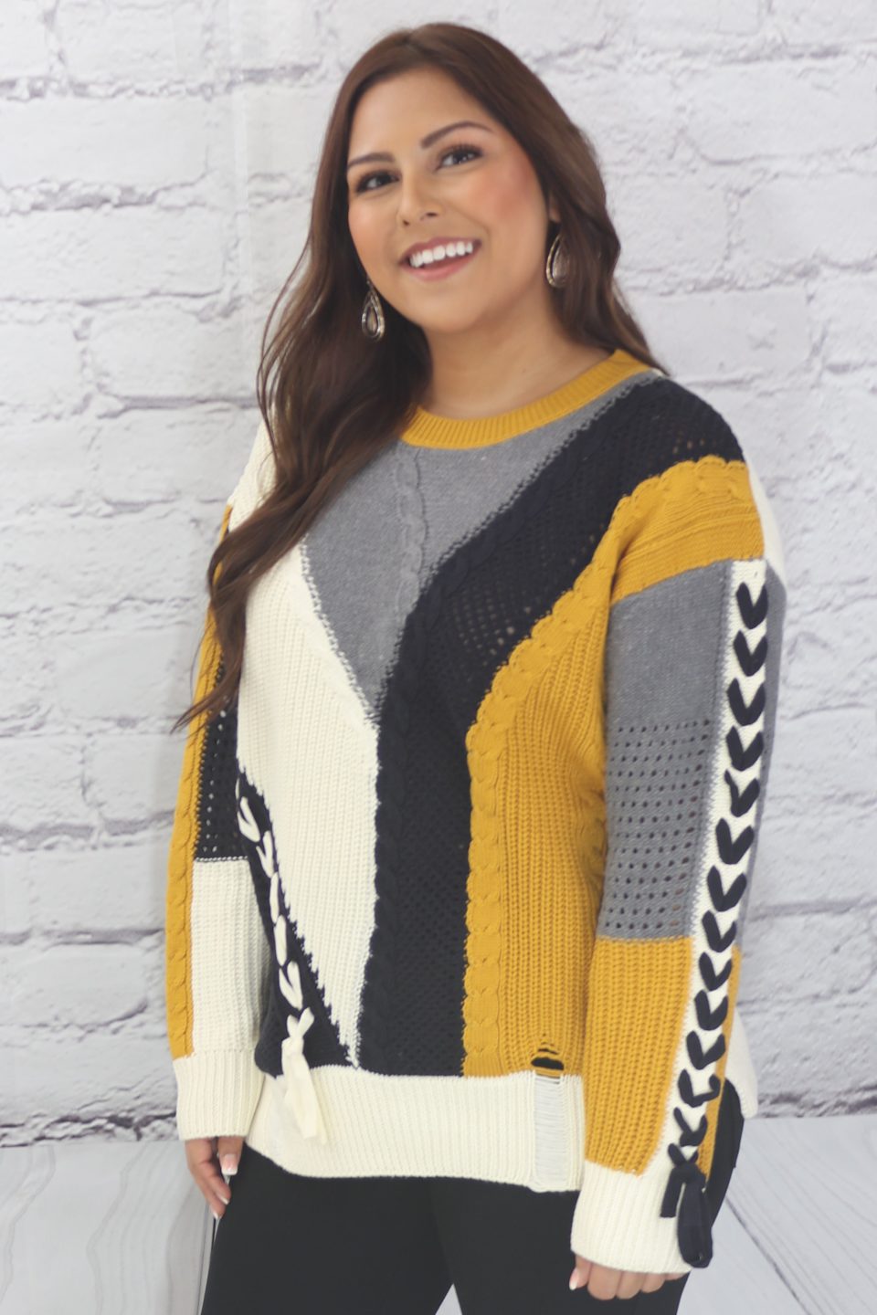 Long sleeve color block cable knit sweater with lace-up trim  Ivy and Pearl Boutique   