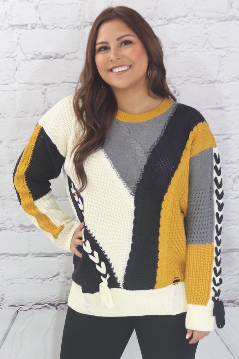 Long sleeve color block cable knit sweater with lace-up trim  Ivy and Pearl Boutique   