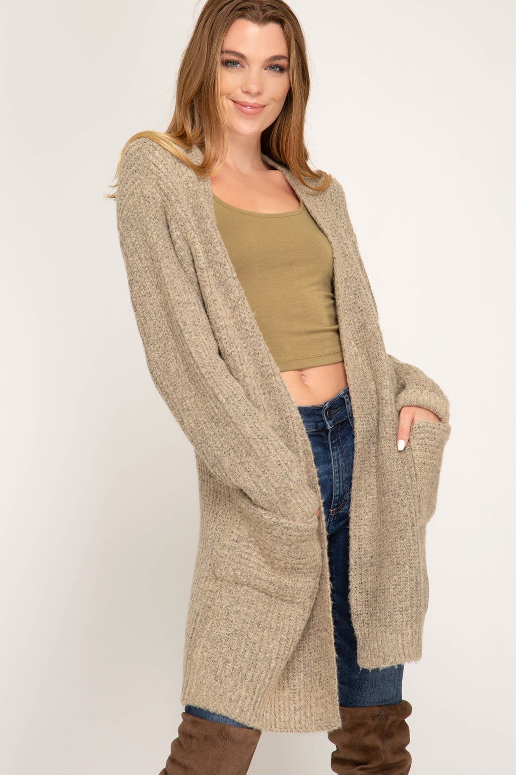 Long sleeve open front cardigan with pocket  Ivy and Pearl Boutique Taupe  