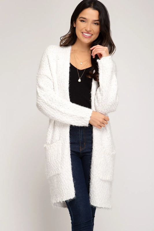 Long sleeve fuzzy knit open front cardigan with pockets  Ivy and Pearl Boutique Cream  