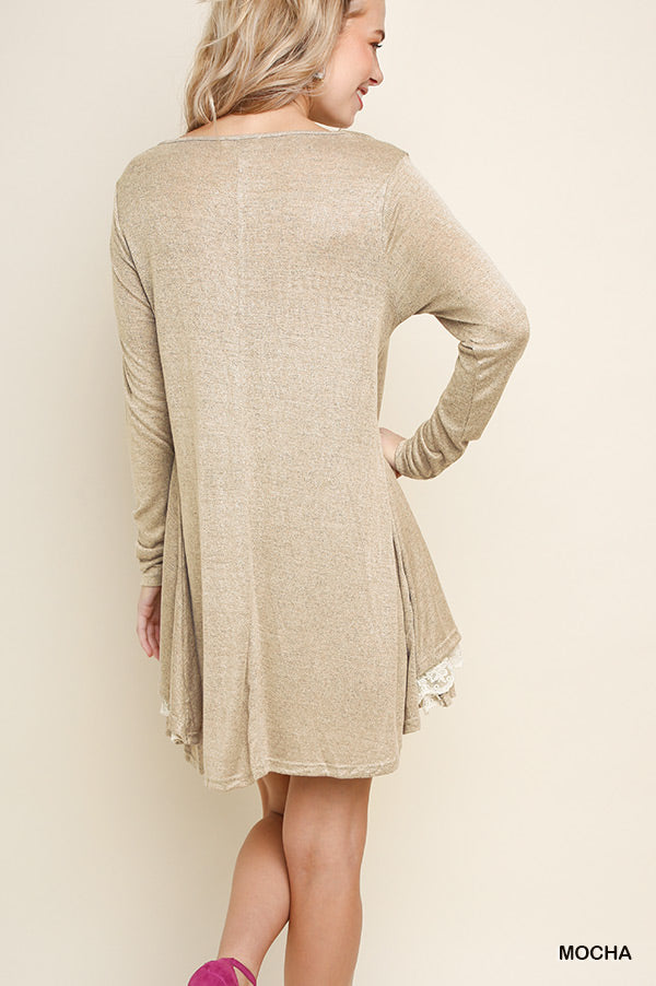 Umgee Long Sleeve Knit Dress with a Floral Lace Hem  Ivy and Pearl Boutique   