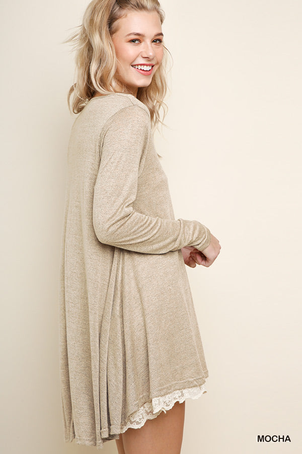 Umgee Long Sleeve Knit Dress with a Floral Lace Hem  Ivy and Pearl Boutique   