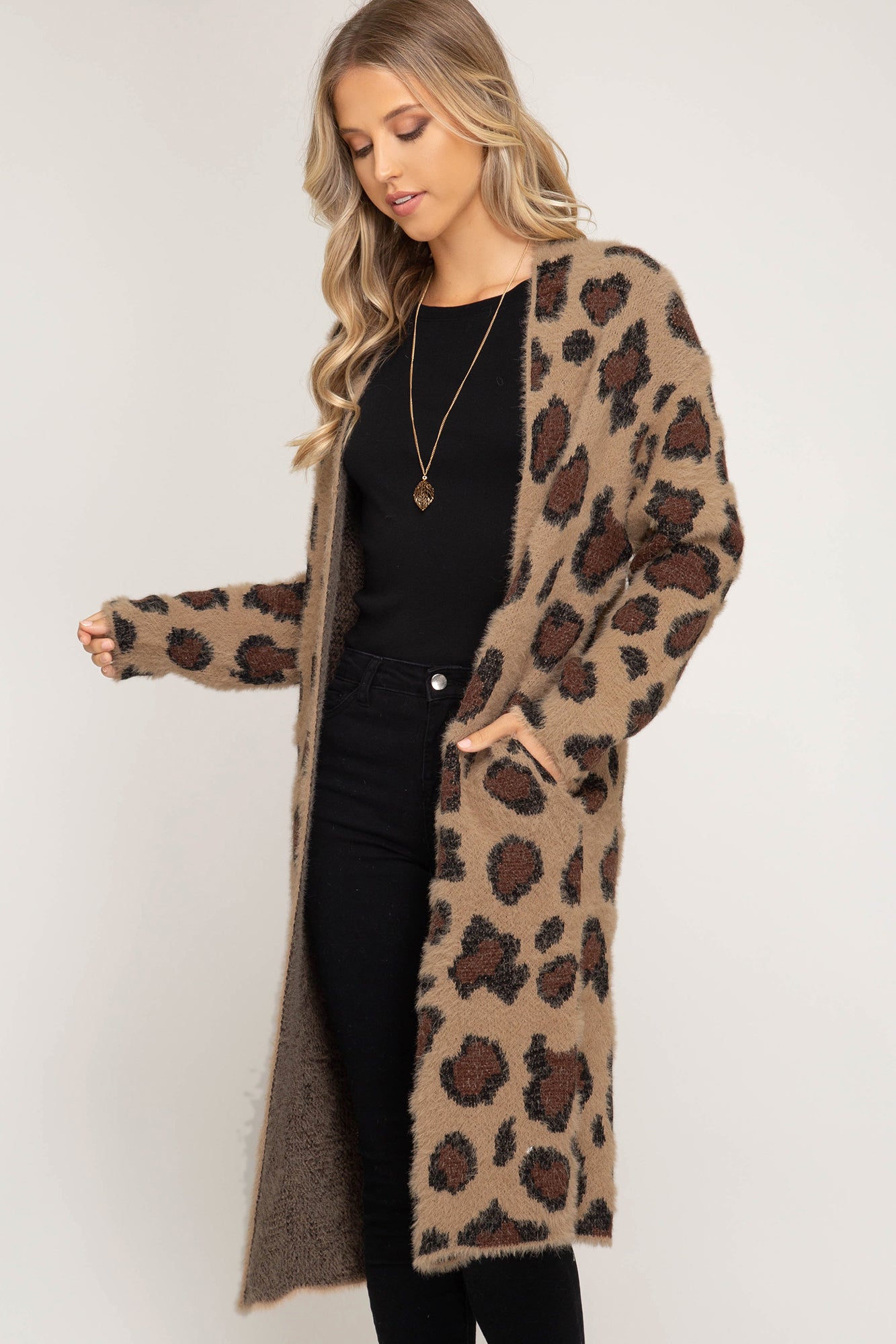 Long sleeve leopard fuzzy front open long cardigan  Ivy and Pearl Boutique Mocha  