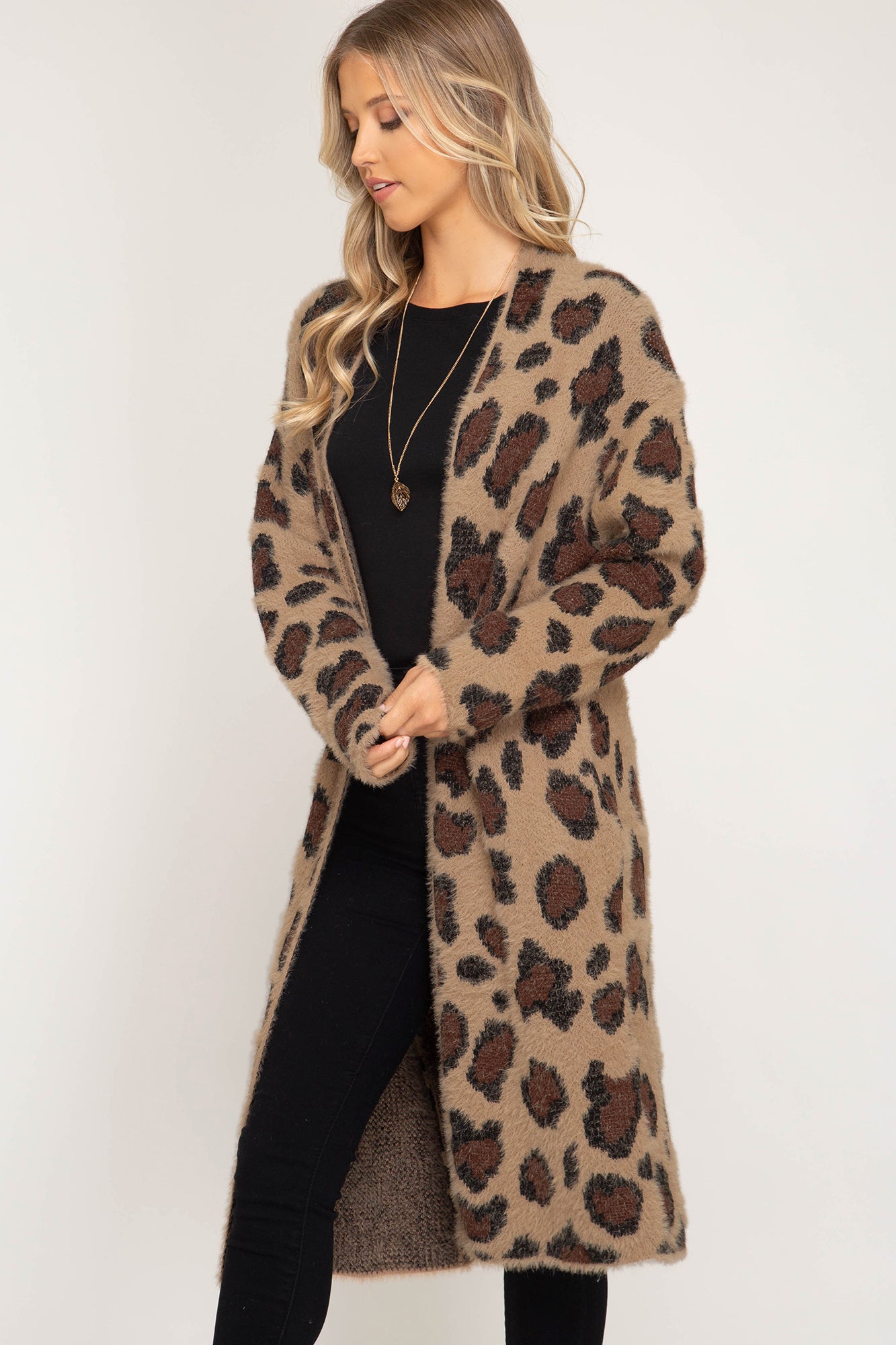 Long sleeve leopard fuzzy front open long cardigan  Ivy and Pearl Boutique   