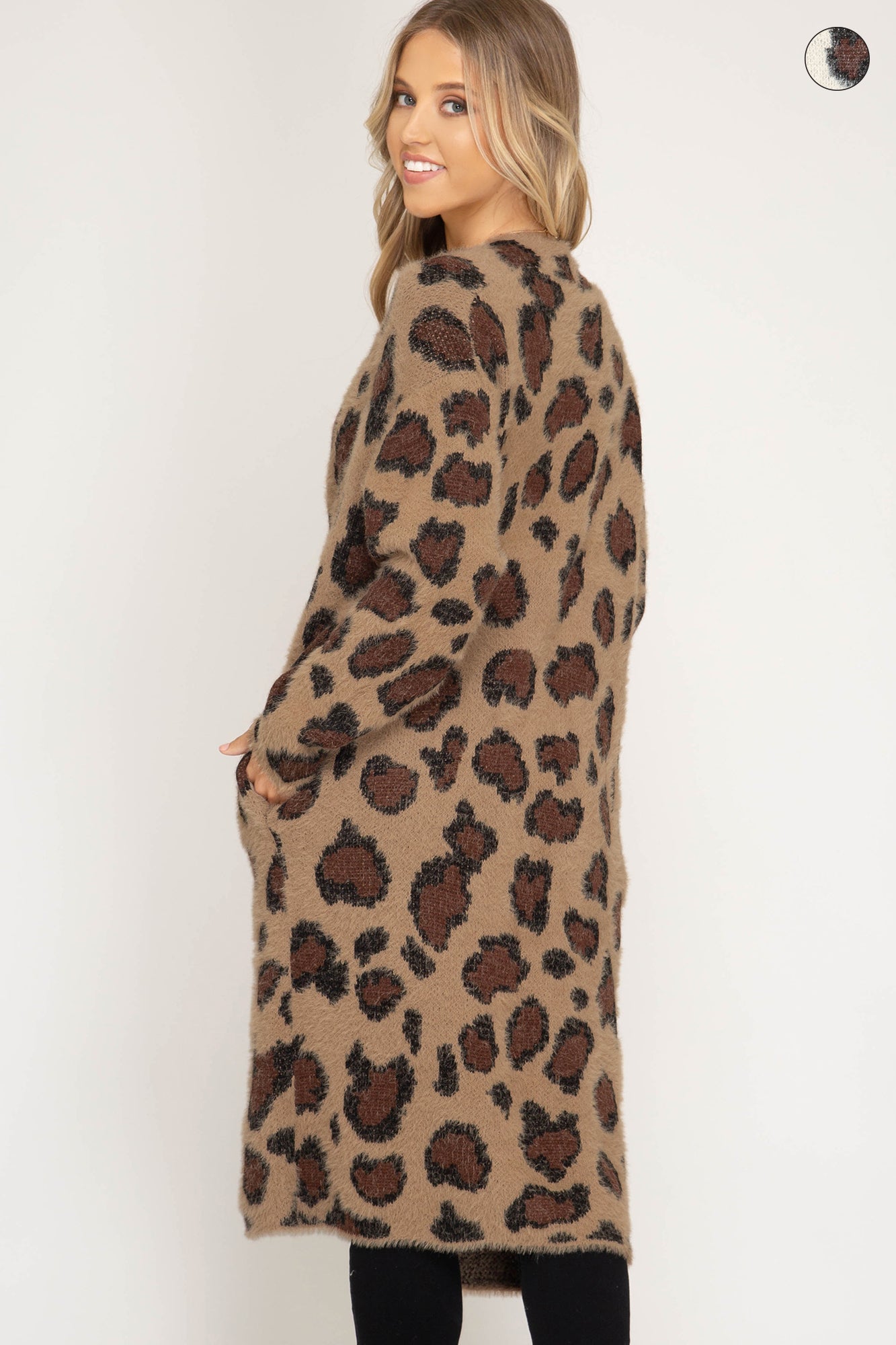Long sleeve leopard fuzzy front open long cardigan  Ivy and Pearl Boutique   