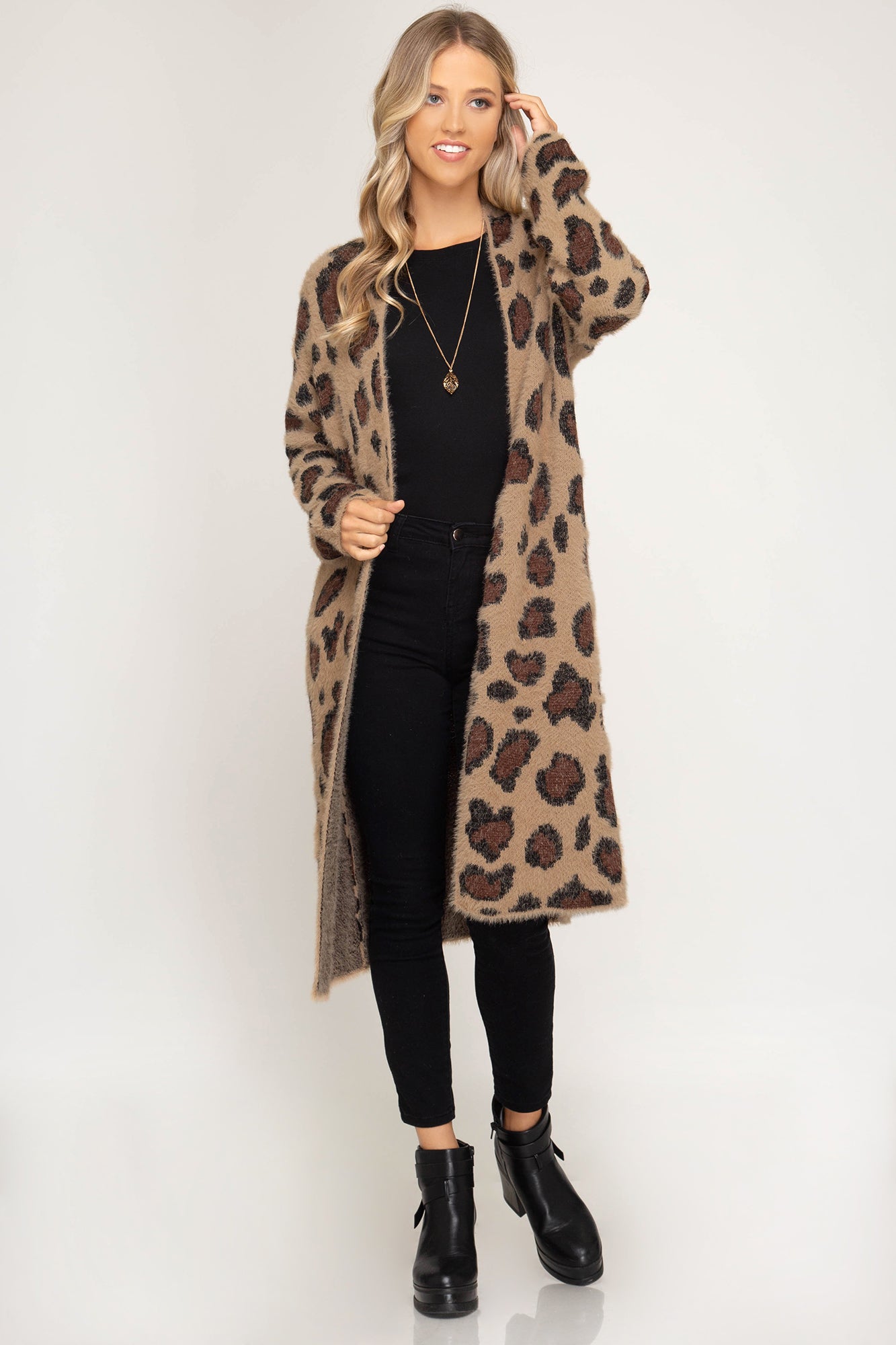 Long sleeve leopard fuzzy front open long cardigan  Ivy and Pearl Boutique   