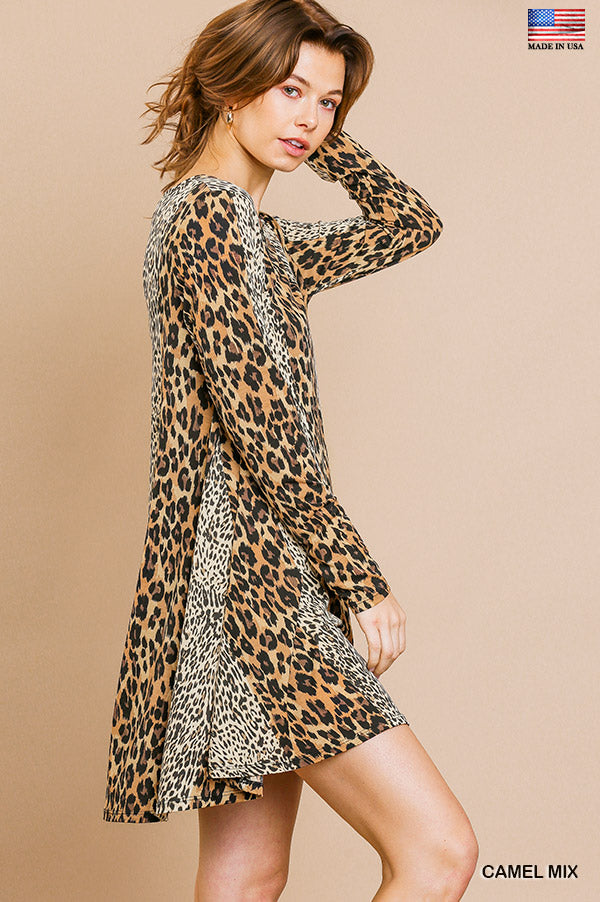 Long sleeve mixed animal print round neck dress  Ivy and Pearl Boutique   