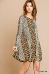 Long sleeve mixed animal print round neck dress  Ivy and Pearl Boutique Camel S 