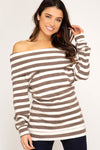 Long sleeve off-the-shoulder striped brushed knit tunic top  Ivy and Pearl Boutique Mocha S 
