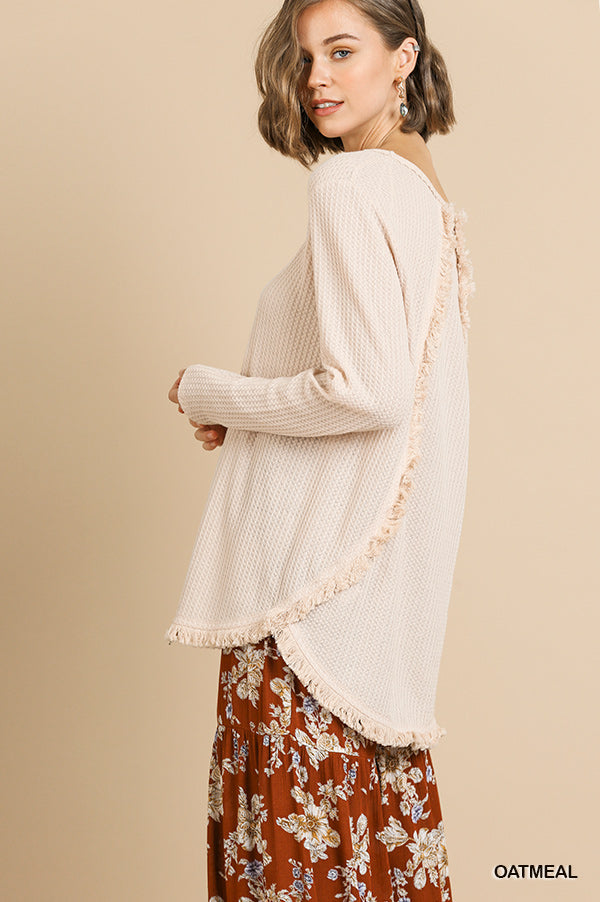 Long Sleeve Waffle Knit Round Neck Top with High Low Frayed Scoop Hem and Frayed Back Detail  Ivy and Pearl Boutique   