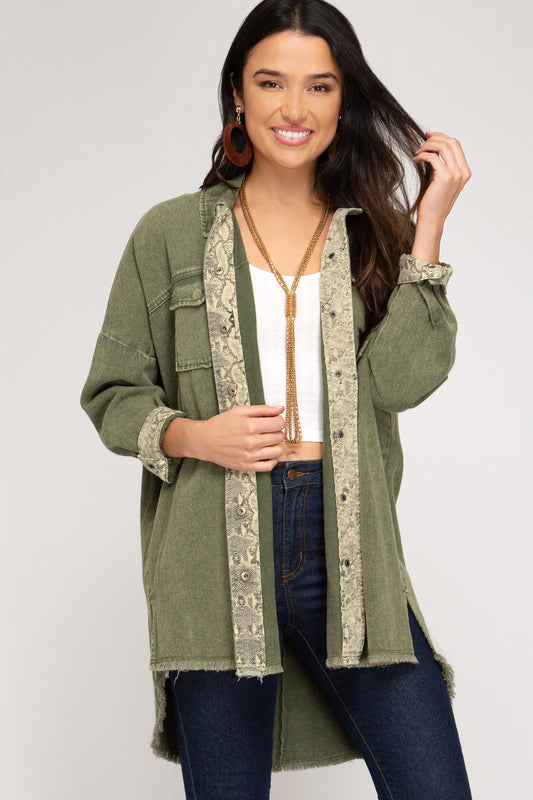 Long sleeve washed twill woven midi shirt jacket with snakeskin print  Ivy and Pearl Boutique Olive S 