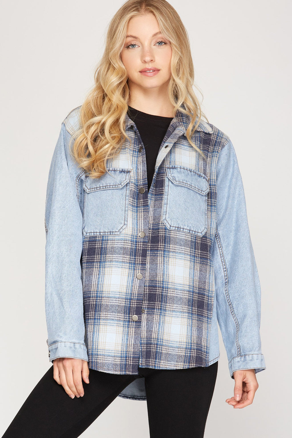 Long sleeve woven plaid and denim mixed jacket  Ivy and Pearl Boutique S  