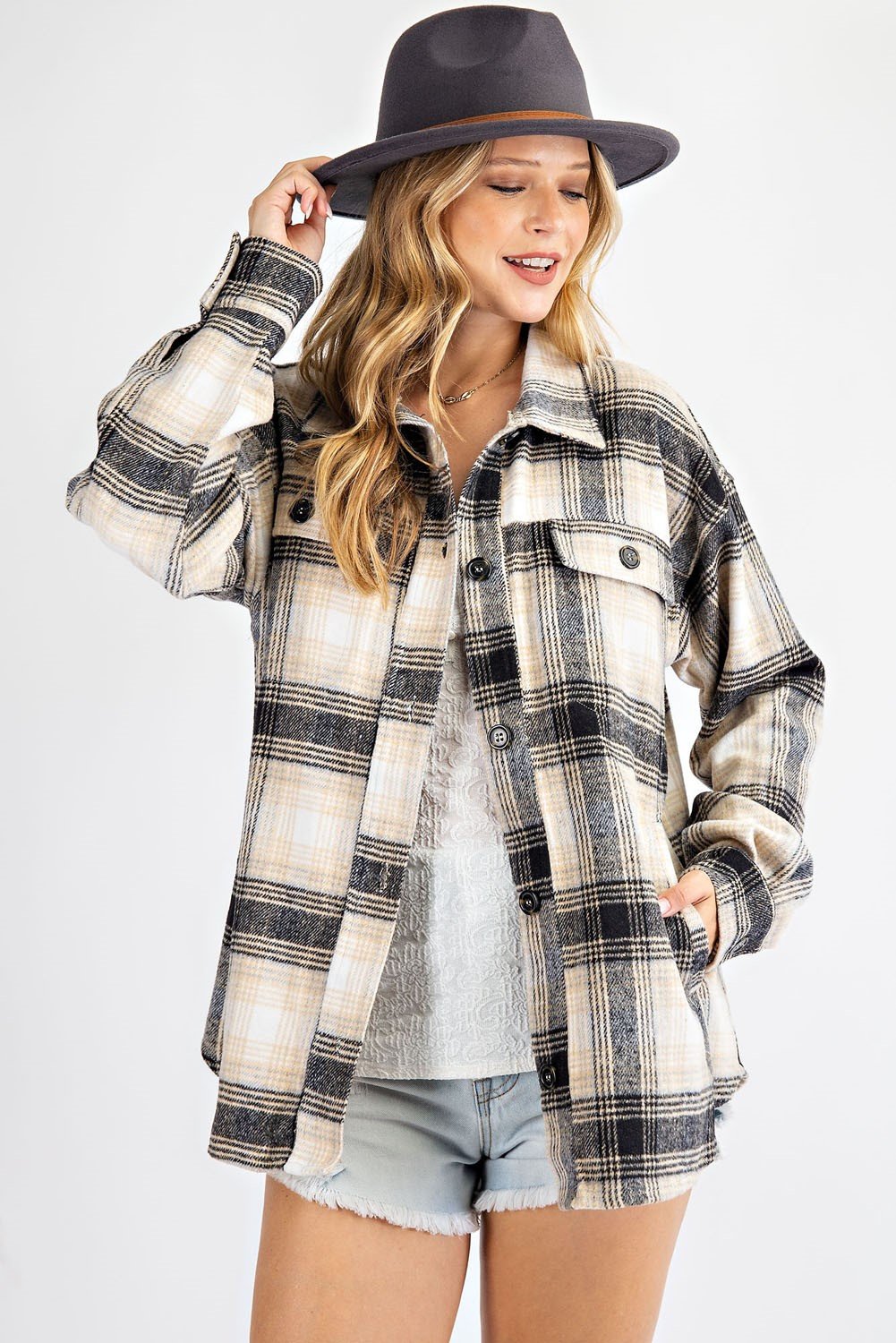 Loose fit plaid print shirt jacket (shacket)  Ivy and Pearl Boutique Taupe S 