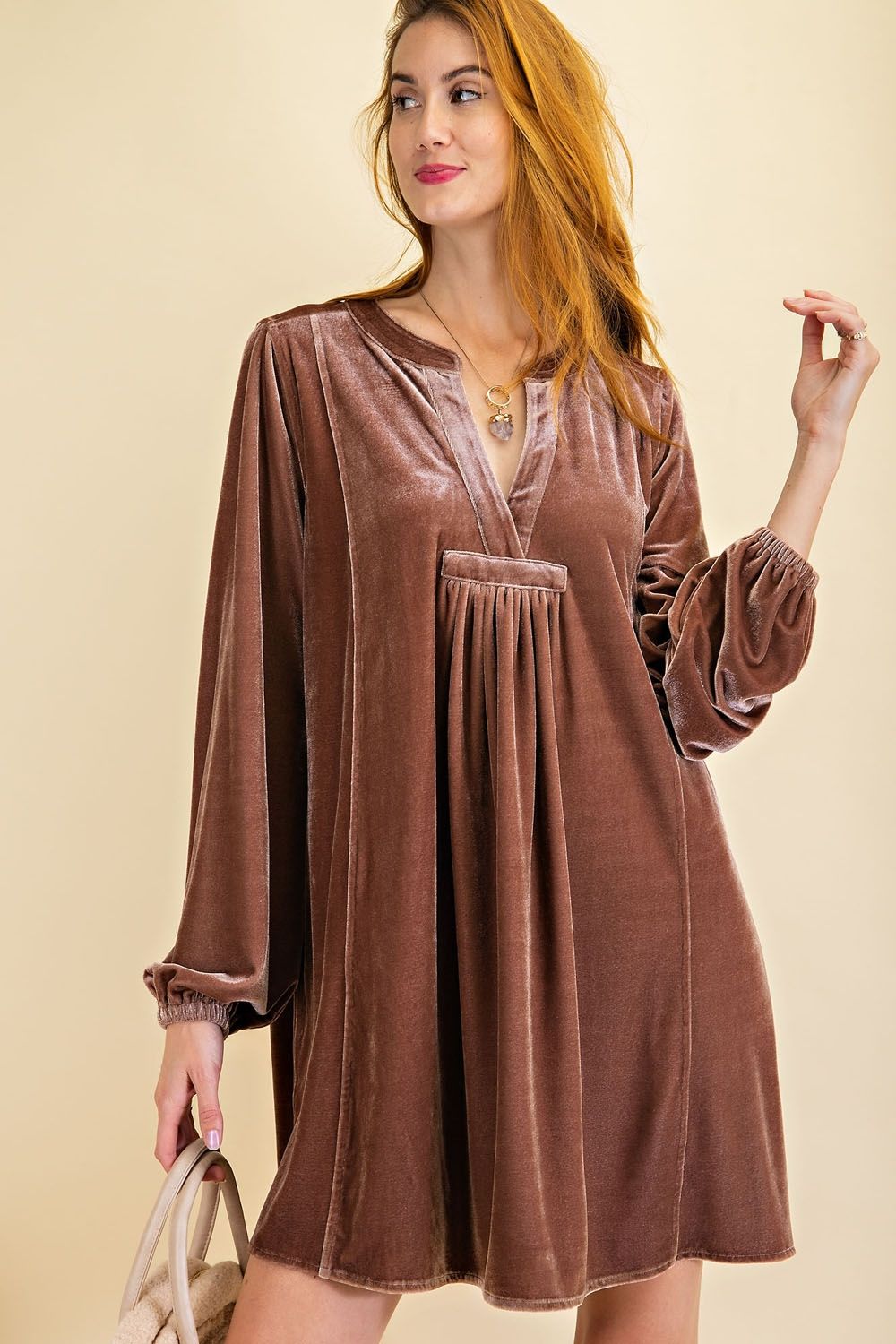 Loose fit soft velvet tunic dress with pockets  Ivy and Pearl Boutique Mocha S 