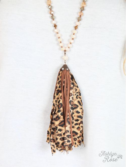 Leopard and Brown Tassel Necklace  Ivy and Pearl Boutique   