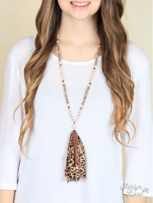 Leopard and Brown Tassel Necklace  Ivy and Pearl Boutique   