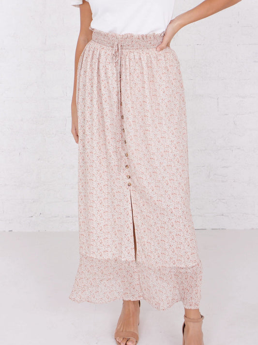 Maxi Button Front Skirt in Wild Desert Flower  Ivy and Pearl Boutique Pink M 