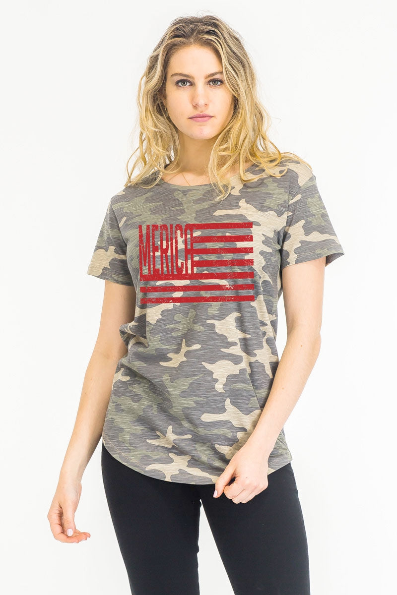 Merica flag on cammo print soft-slub texture washed fit T-shirt  Ivy and Pearl Boutique Red S 