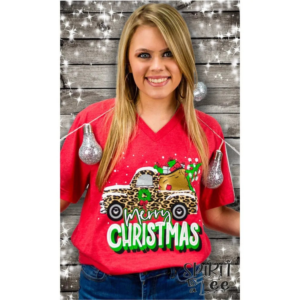 Merry Christmas Truck on Bella+Canvas V-Neck Tee  Ivy and Pearl Boutique Red M 