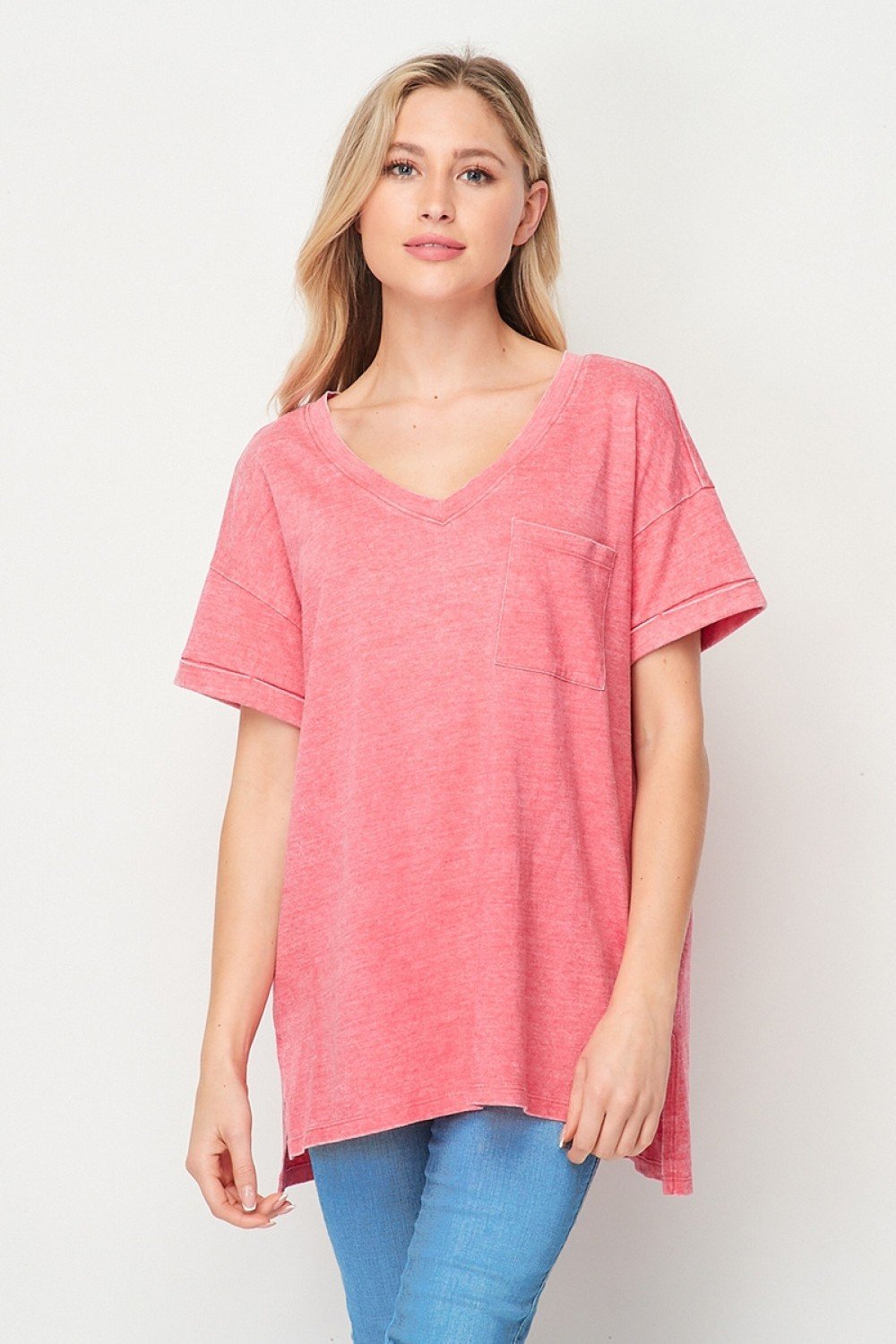 Mineral Wash Cuffed Sleeve Pocket Top  Ivy and Pearl Boutique Coral S 