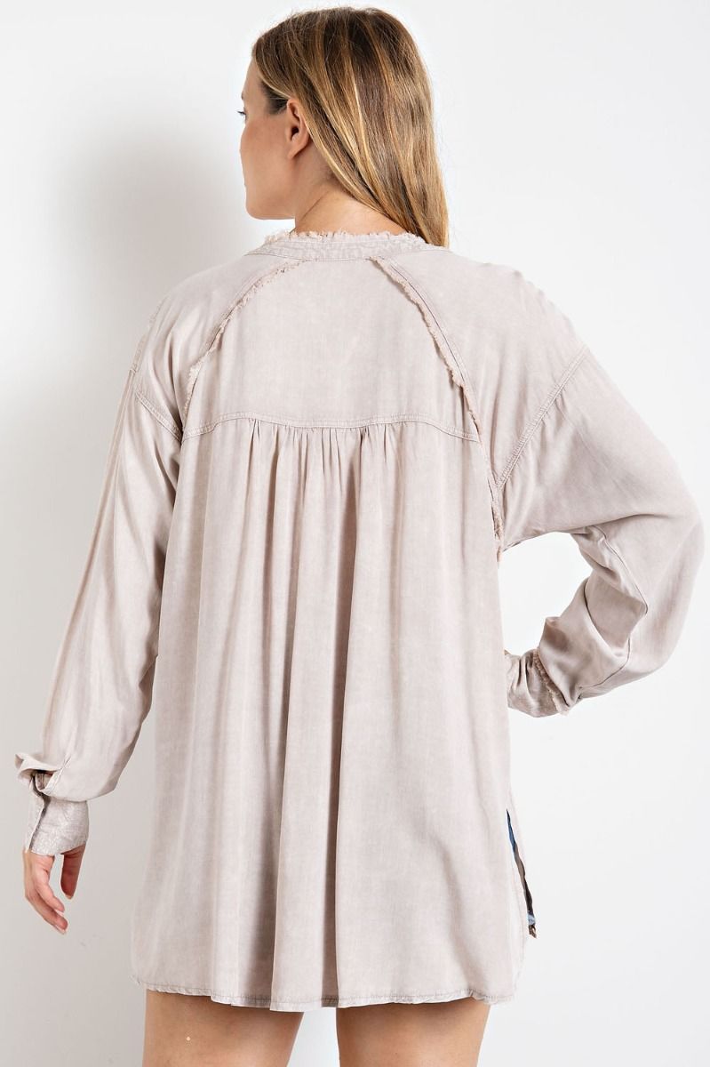 Mineral washed tunic shirt with chest patch pocket and double-buttoned cuffs  Ivy and Pearl Boutique   