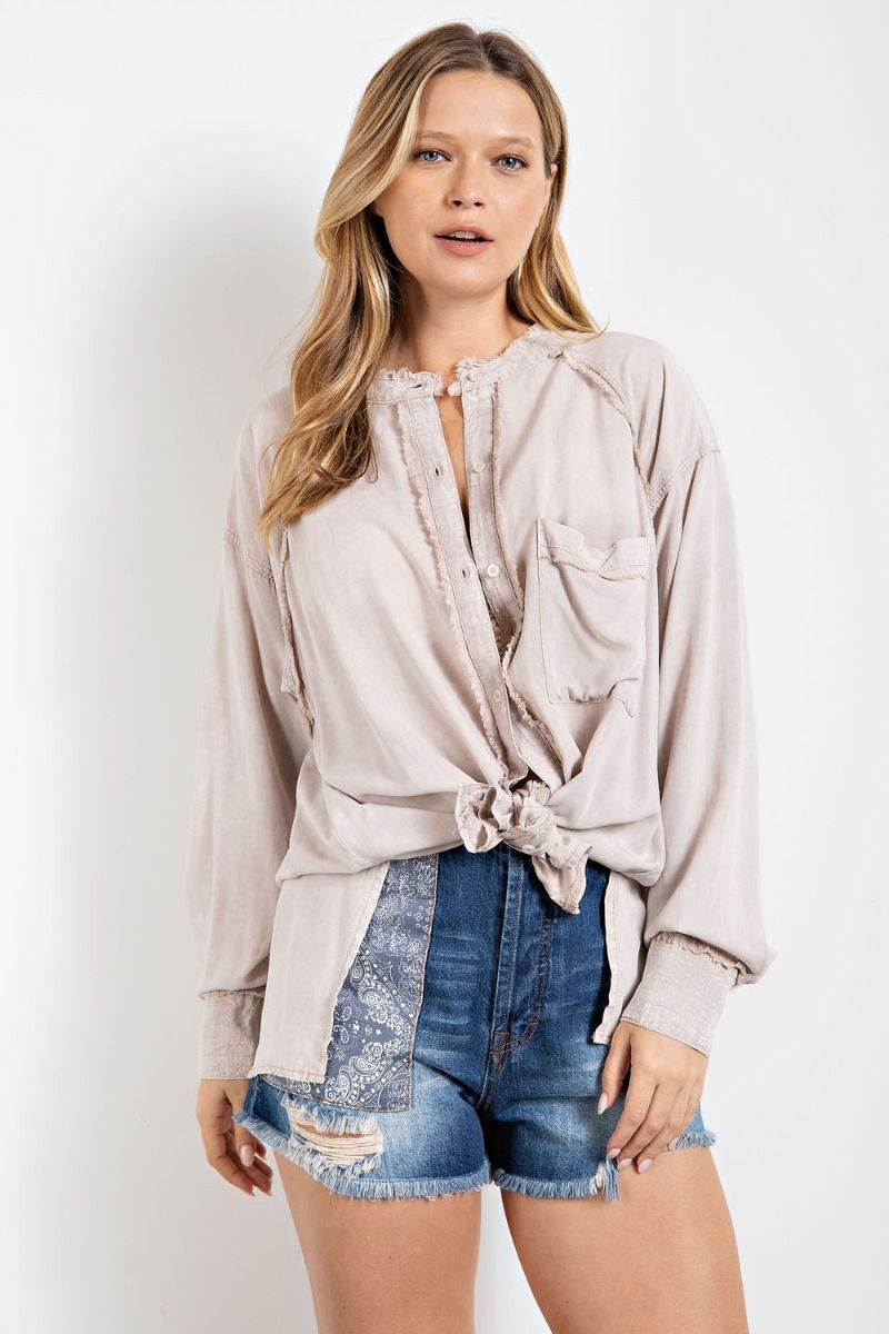 Mineral washed tunic shirt with chest patch pocket and double-buttoned cuffs  Ivy and Pearl Boutique   