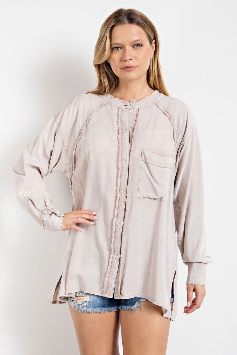 Mineral washed tunic shirt with chest patch pocket and double-buttoned cuffs  Ivy and Pearl Boutique Mushroom S 