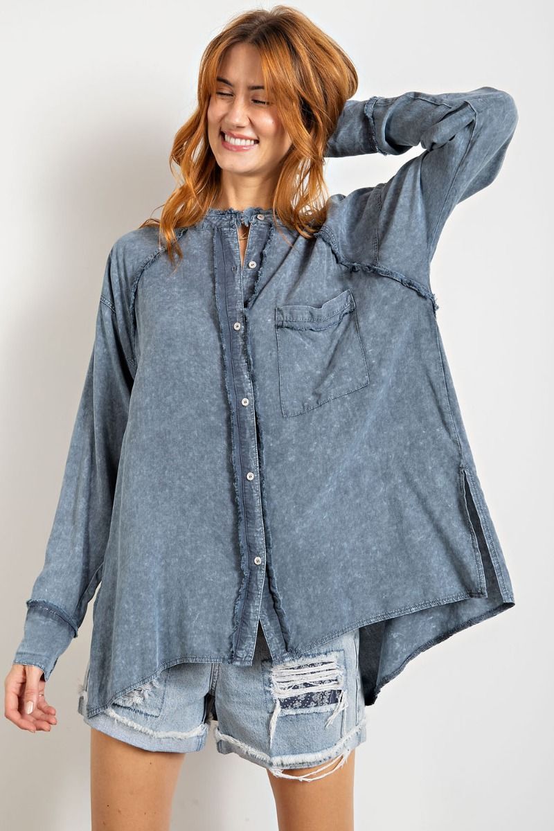 Mineral washed tunic shirt with chest patch pocket and double-buttoned cuffs  Ivy and Pearl Boutique   