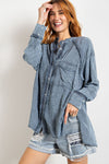 Mineral washed tunic shirt with chest patch pocket and double-buttoned cuffs  Ivy and Pearl Boutique Navy S 