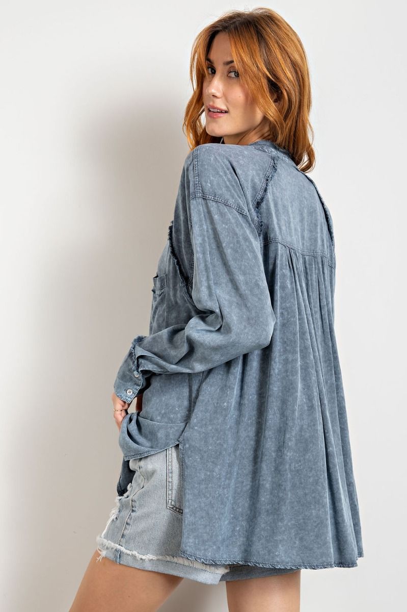 Mineral washed tunic shirt with chest patch pocket and double-buttoned cuffs  Ivy and Pearl Boutique   