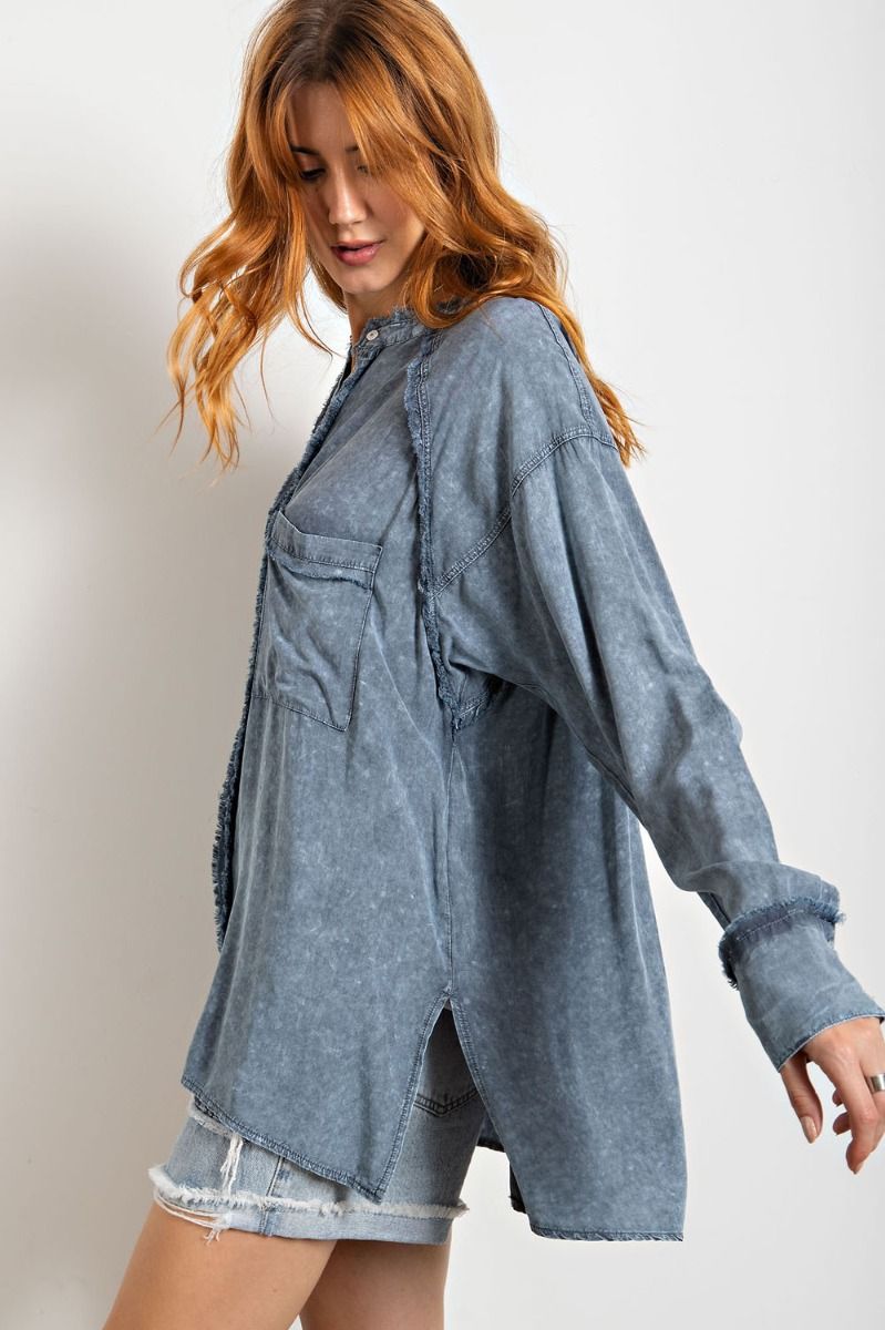 Mineral washed tunic shirt with chest patch pocket and double-buttoned cuffs  Ivy and Pearl Boutique   