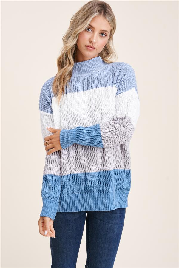 Mock neck long sleeve color block pullover sweater  Ivy and Pearl Boutique   