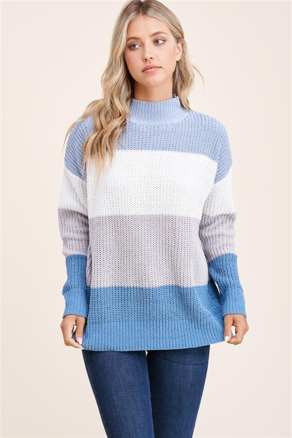 Mock neck long sleeve color block pullover sweater  Ivy and Pearl Boutique Blue Gray S 