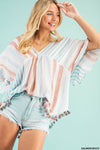 Multi stripe crinkle gauze with tassel top  Ivy and Pearl Boutique Salmon S 