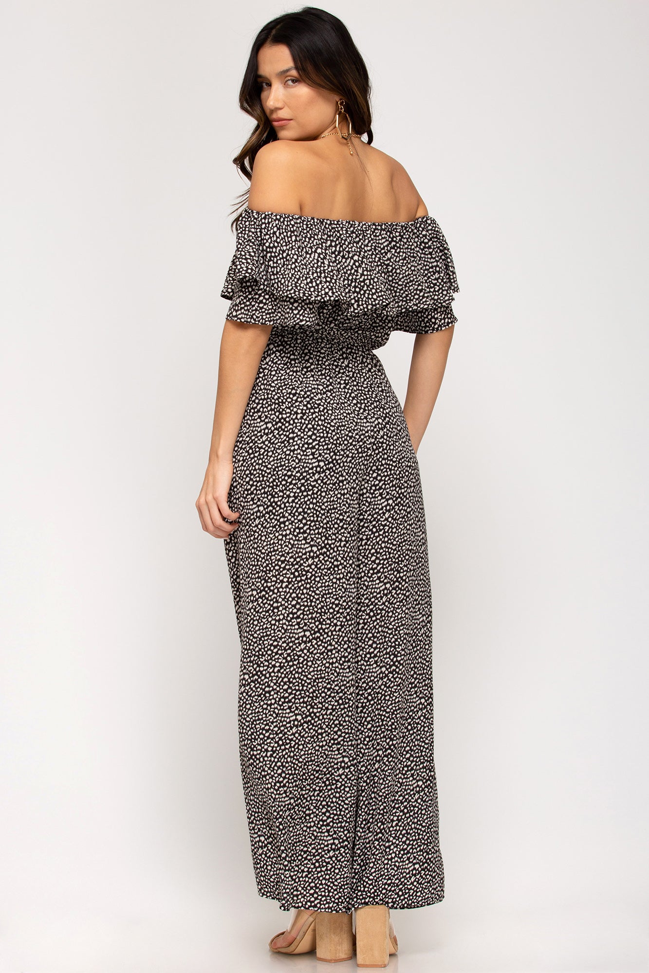 Off-the-shoulder ruffled woven printed jumpsuit with waist sash and lining  Ivy and Pearl Boutique   